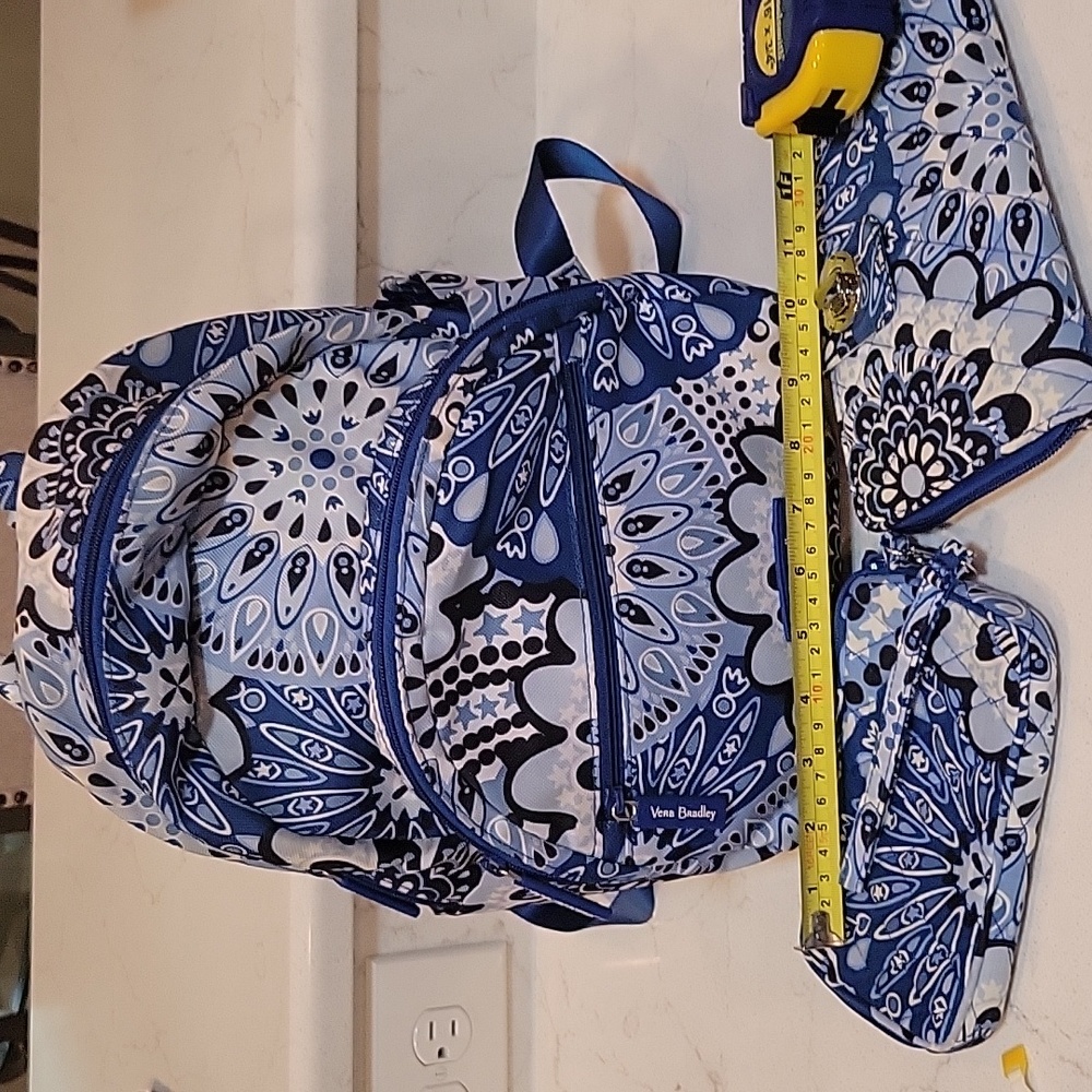 Vera Bradley Blue small backpack, matching wallet and makeup bag